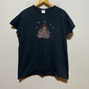 Lynn Dorf Rhinestone Bling Snowman Tee Women’s Large Black Graphic Shirt
